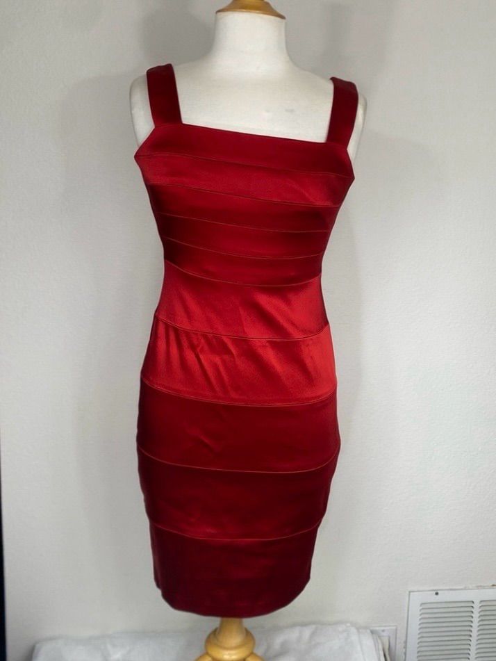 Cache Women's Red Satin Thick Strap Dress Size 2 Classic Party Glam Minimalist
